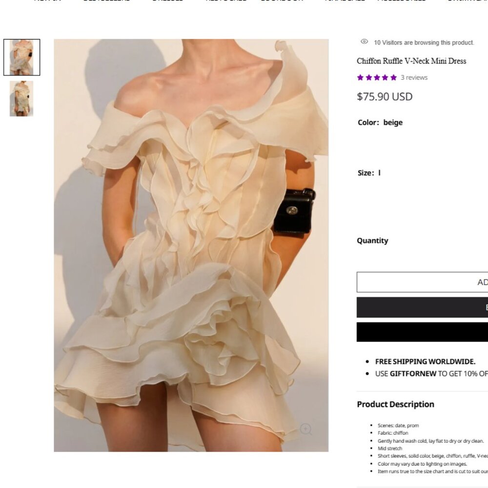 Violet Aurora Chiffon Ruffle V-Neck Mini Dress - White/Beige - Size L (NWT)